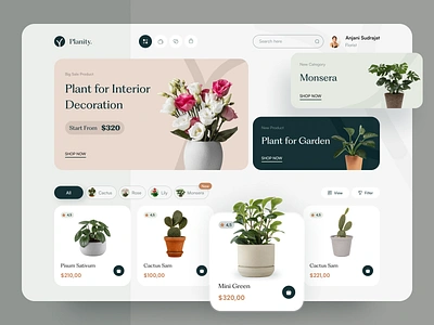 Planity - Plant Dashboard Exploration card category clean dashboard decoration design desktop filter flower garden interior nature plant sorting thumbnail typography ui ux website whitespace