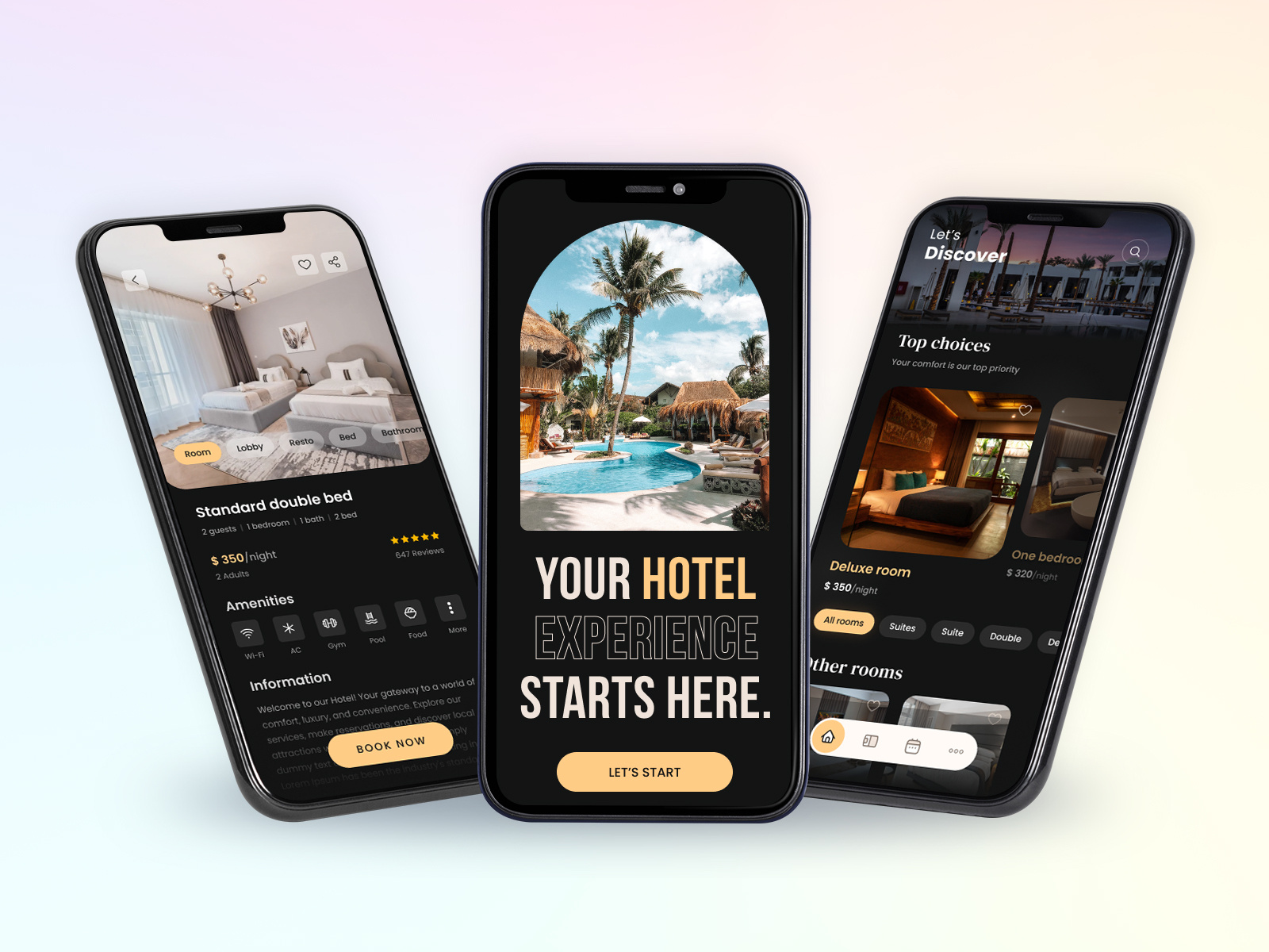Hotel Booking Mobile App Design amenities app design apps bed booking booking app business concept design discover hotel interface mobile app resort restaurant room suite technology ui user friendly