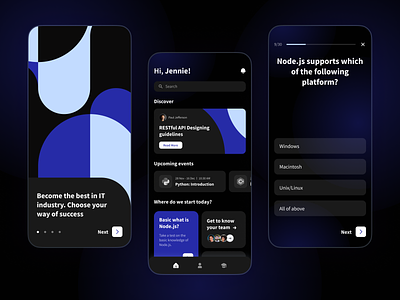 Education app for IT specialists app blue courses dark theme design e learning edtech education education app gradient graphic design illustration interface it learning programmers questionare ui ux