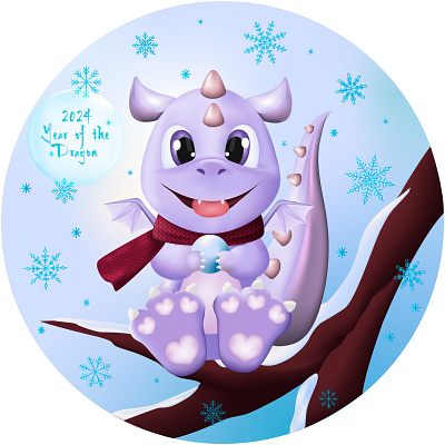 Vector illustration of Baby Dragon 2024 baby dragon branch cartoon character christmas design dragon fairytale graphic design illustration love new year snowball snowflake tree vector winter year 2024 year of the dragon