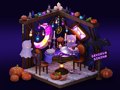 Devious dining 3d blender cafe candles cartoon dining ghost halloween inspiration isometric pumpkin render
