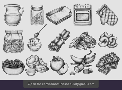 Pen/pencil styled set of items, ingredients for cooking, baking baking berries branding chalk chalkboard chocolate coconut cooking design fruits granola honey illustration ink kitchen milk nuts oatmeal pencil