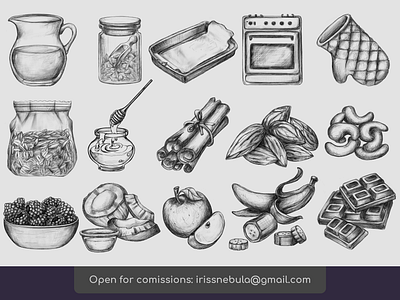 Pen/pencil styled set of items, ingredients for cooking, baking baking berries branding chalk chalkboard chocolate coconut cooking design fruits granola honey illustration ink kitchen milk nuts oatmeal pencil