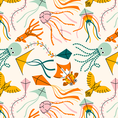 Cute kites pattern abstract cute design fish flat geometric illustration kite pattern seamless sky