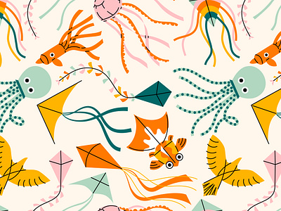 Cute kites pattern abstract cute design fish flat geometric illustration kite pattern seamless sky