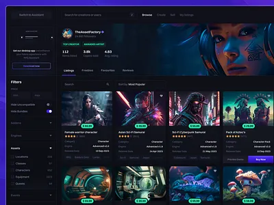 Marketplace - AI Generated Content Collection ai illustration assets colorful dark mode dark theme design figma filters games gaming marketplace nft profile sold ui user user interface user profile ux web