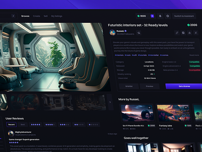 Marketplace for game engine assets - Product page ai asset colorful dark mode dark theme design e commerce engine game games gaming market marketplace product shop ui unity unreal user interface web