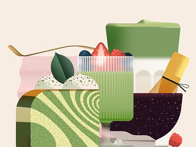 The Matcha Ritual 🍵 figma fruits green illustration matcha matcha latte minimal noise pink red ritual strawberry tea texture vector zebra cake