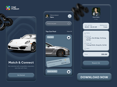 Car Pool App - 3D Design Style 3d design app app design car pool design mobile mobile app ui ui design ui ux