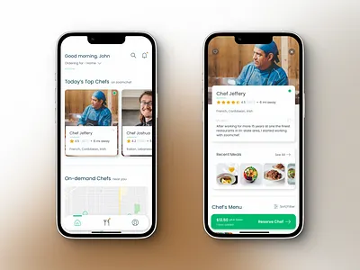 On-demand Chef Booking iOS Mobile App UI Design | Homescreen booking app bottom navigation bar branding chef app design figma iconography icons illustration ios ap ios app design map ui minimal design minimal ui mobile app ui moible app navigation ui typography ui ui ux