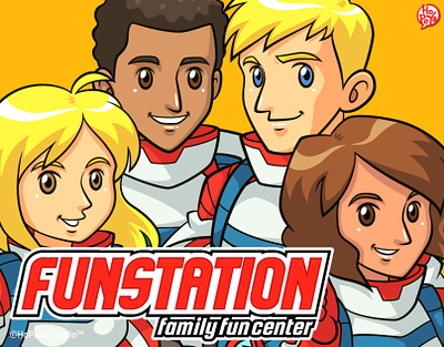 Funstation Logo And Character Illustrations adventure astronauts cartoon character entertainment family graphic design illustration kids logo mascot vector