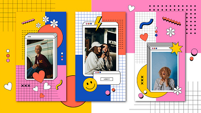 Retro Social Media Stories Templates 90s aesthetic bright colorful design doodle instagram retro stories template vector