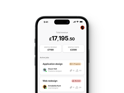 Simple active jobs app bold branding buttons clean colour graphic design ios17 jobs minimal revenue shadow tracker type ui web