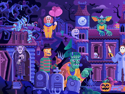 Retro Monster Party characters clown creatures evil famous flat design frankenstein freddy graveyard halloween haunted house illustration krueger mansion monster movies nosferatu party pop culture