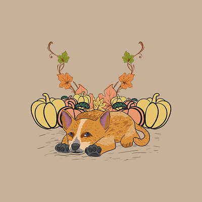 Fall Relaxation! 🍁🎃 adorable animal blue heeler cartoon cute dog doggie fall halloween illustration joy laying lazy pet portrait pumpkin pup red heeler relaxing vector