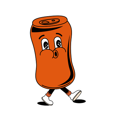 Retro drink can in Groovy style. Y2k beverage branding can character design draw drawing drink food funny groovy hand happy illustration isolated logo orange person retro y2k