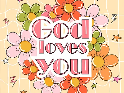 Banner with lettering in Groovy style. 60s banner camomile cover cross daisies design doodle drawn flowers graphic groovy hand illustration leaves lettering love retro stars y2k