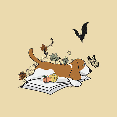 Thoughtful Afternoon📖🐾 adorable afternoon animal art basset hound book cartoon cute dog evening fall halloween illustration laying lazy pet reading relaxing sleep vector