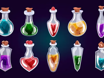 Bottles with potion bottles cartoon colored colorful design gambling game halloween hand illustration isolated magic poison potion set witch witchcraft