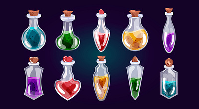 Bottles with potion bottles cartoon colored colorful design gambling game halloween hand illustration isolated magic poison potion set witch witchcraft