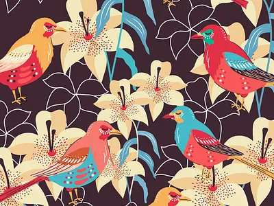 Pattern with flowers and birds birds colored colorful cover design doodle drawn flat flowers hand illustration lilies modern pattern print robin textile trendy