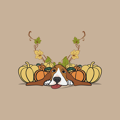 Fall Pumpkin Mania🎃🦴 adorable animal art basset hound calm cartoon cute dog fall halloween illustration joy lay on lazy pet portrait pumpkin relaxing vector