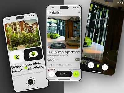 Real Estate Design App 3d room agent apartment apartment app app design black green app business app clean eco app home interface lambo luxury apartment property real estate real estate agency realtor app realty ui ux