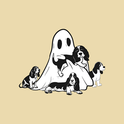 Boo!🦴👻 adorable animal art basset hound boo cartoon charming cute dog doggie ghost halloween illustration lay on pet playful portrait spooky trick vector