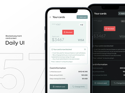 Daily UI #57 - Blocked payment card screen app bank banking block blocked card card dailyui design finance fintech interface ios lock locked card mobile mobile app payment ui uiux ux