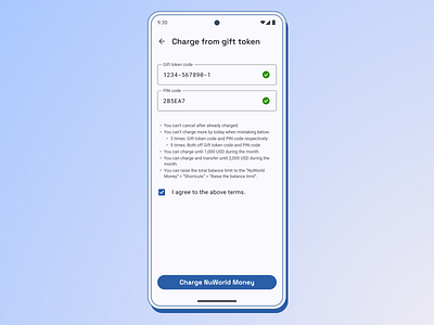 Charge from gift token - preview agreement charging gift token material mobile text field validation