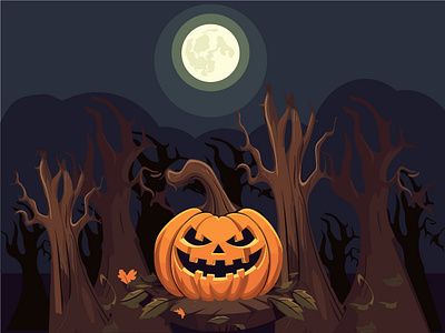 Mystical Pumpkin - Haunted Forest Under Moonlight creepy forest eerie ambiance halloween halloween decoration halloween enchantment halloween mood haunted forest haunting atmosphere holiday illustration moonlight moonlit night mystical scene pumpkin seasonal artwork spooky halloween