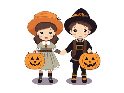 Costumed Kids - Halloween Fun with Pumpkin Props children in costumes costume play halloween halloween enchantment halloween excitement halloween fun halloween kids halloween mood holiday celebrations playful pumpkins pumpkin props seasonal artwork seasonal illustration trick or treat youthful joy