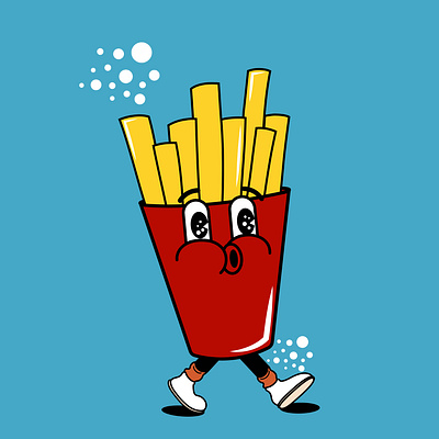 French fries in retro style 60s 70s cartoon character colored design drawn face fast food french fries groovy hand illustration isolated retro trendy walk y2k