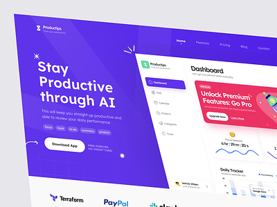 Productips - SaaS Landing Page ai landing page ai tracker ai website landing page productive ai productive tools productive website productivity dashboard productivity landing page productivity tracker saas saas ai saas dashboard saas design saas landing page saas website time tracker ui design web design website ui