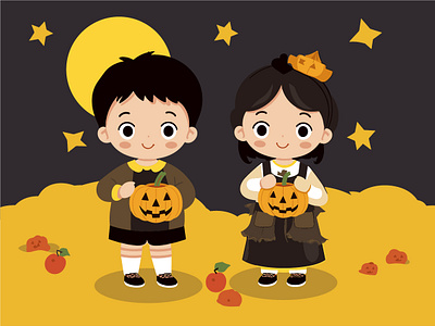 Spooky-Cute Halloween - Kids in Costumes with Pumpkin Play children in costumes costume play halloween halloween enchantment halloween excitement halloween fun halloween kids halloween mood holiday celebrations playful pumpkins pumpkin props seasonal illustration spooky cute halloween trick or treat youthful joy