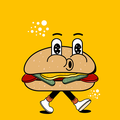 Retro style burger 60s 70s burger cartoon colored design drawn eat fast food groovy hand illustration isolated logo retro trendy y2k