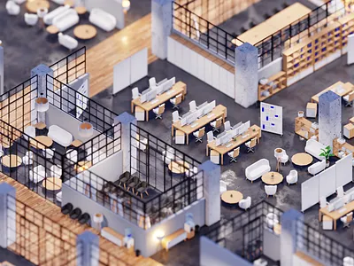 Alone in the Office 3d animation archviz blender3d corporate design furniture graphic design illustration industrial isometric knolling low poly lowpoly minimal motion graphics office render tilt shift wood