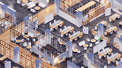 Alone in the Office 3d animation archviz blender3d corporate design furniture graphic design illustration industrial isometric knolling low poly lowpoly minimal motion graphics office render tilt shift wood