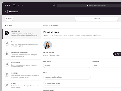 Teraluxe: Settings Page Web App SaaS Dashboard Real Estate airbnb booking branding dashboard hotel hotel booking management preferences product design profile profile settings property real estate rent saas settings uiux web app web design website