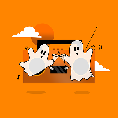 Party Ghosts boo boombox cheers clouds cocktails dancing doodle ghosts halloween moon music orange party