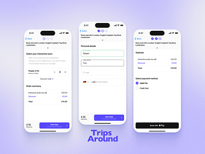 Mobile app | Guided tour android app apple blue booking checkout design forms guided tour ios minimalistic mobile sightseeing tour trip trip around ui white worldwide