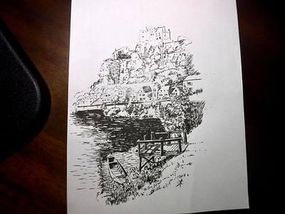 Castle on the hill boat castle dock drawing illustration ink inktober lake