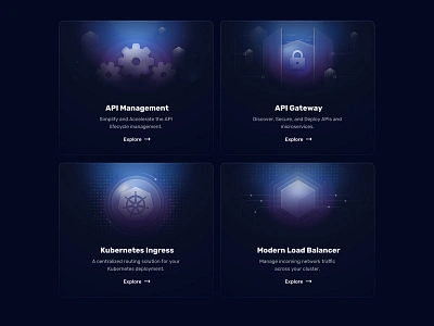 Feature cards api cards cog cube dark data feature gear glass icon illustration kubernetes load balancer management security shield traffic transparency ui web