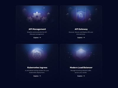 Feature cards api cards cog cube dark data feature gear glass icon illustration kubernetes load balancer management security shield traffic transparency ui web