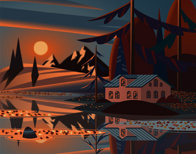 Lake house (sunset) autumn graphic design illustration landscape sunset vector