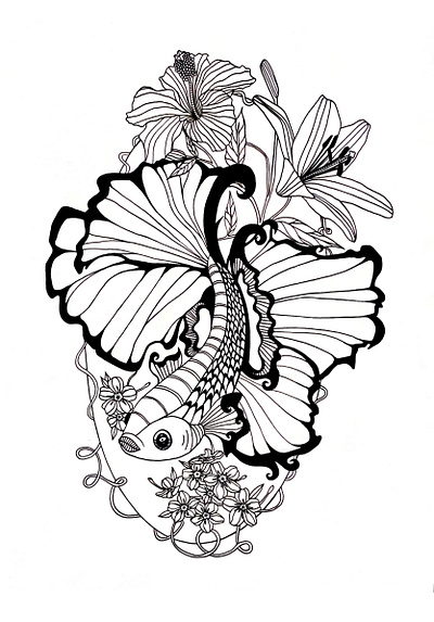 Fish Inked design drawing floral illustration ink drawing