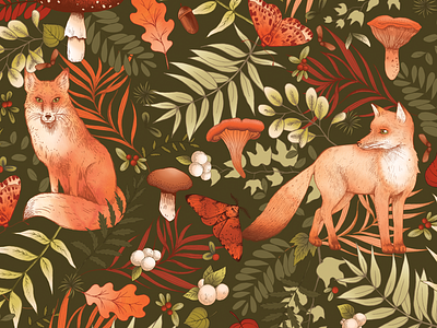 Forest Creatures Surface Pattern Design all over apparel design autumn pattern berries botanical design botanical pattern fabric print fall pattern floral surface pattern forest animals fox foxes hand drawn illustration moths mushroom seamless pattern stationery print textile print