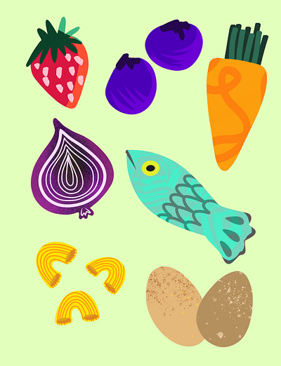 Food illustration blueberry carrot eggs fish food grocery grocery illustration illustration onion pasta procreate simple illustration strawberry