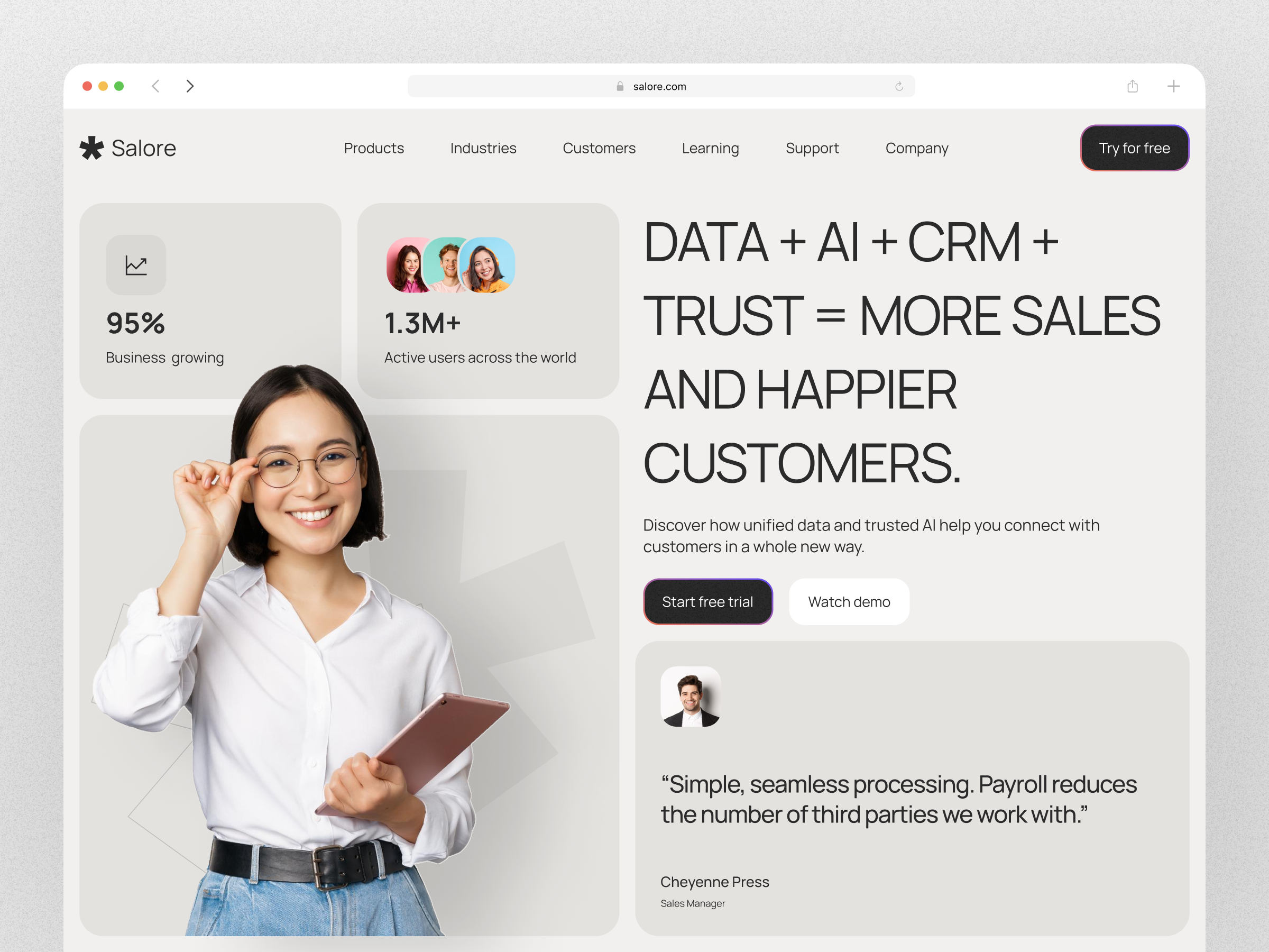 Salore - [Alternative] SaaS Hero Section ai bento style crm customer hero hero section landingpage design management minimalist monochrome saas dashboard saas landingpages saas website sales sales management sales manager salesman website design