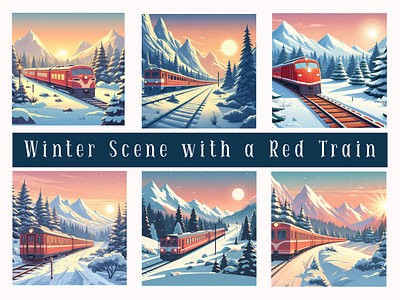 Winter Scenes with a Red Trains illustration train transport winter